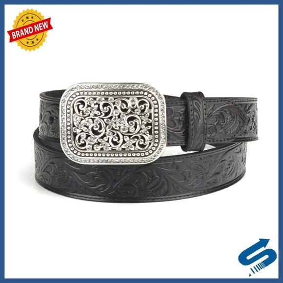 Western Tooled Leather Belt with Rhinestone Buckle, 1.5 Inch Wide main image 6